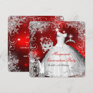 Invitación Quinceañera Mascarada Copos de Nieve Rojo Blanco 2