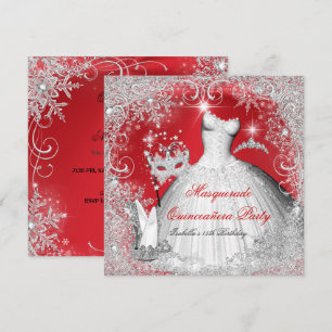 Invitación Quinceañera Mascarada Copos de Nieve Rojos y Blanc
