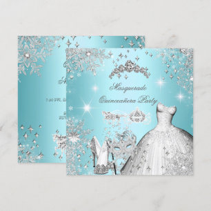 Invitación Quinceañera Mascarada Mágica Princesa Azul Turques