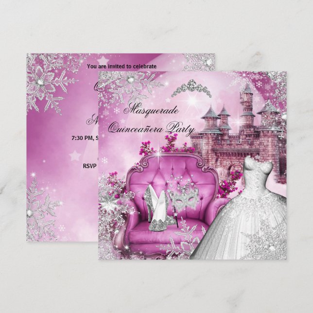 Invitación Quinceañera Mascarada Mágica Princesa Rosa (Anverso / Reverso)