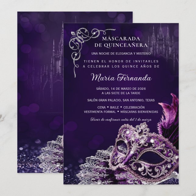 Invitación Quinceañera Mascarada Morado Plata Elegante -> Qui (Anverso / Reverso)