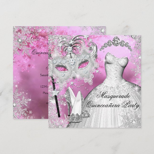 Invitación Quinceañera Mascarada Princesa Plateada Rosa (Anverso / Reverso)