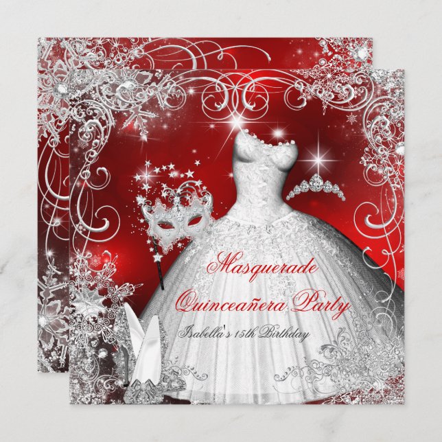 Invitación Quinceanera Mascarada Rojo Flechas de nieve blanca (Anverso / Reverso)