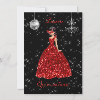 Invitación Quinceañera Mascarada Rojo Negro Plateado Español