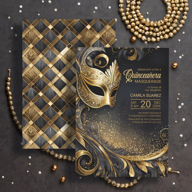 Invitación Quinceanera Masquerade Black Gold ID1031 (Subido por el creador)