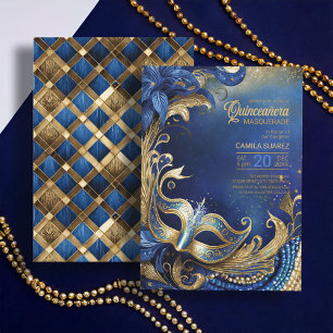 Invitación Quinceanera Masquerade Blue Gold ID1031