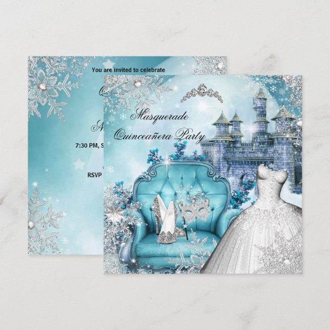 Invitación Quinceanera Masquerade Magia Princesa Azul (Anverso / Reverso)