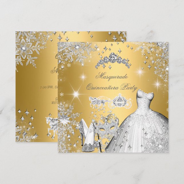 Invitación Quinceanera Masquerade Magia Princesa Oro (Anverso / Reverso)