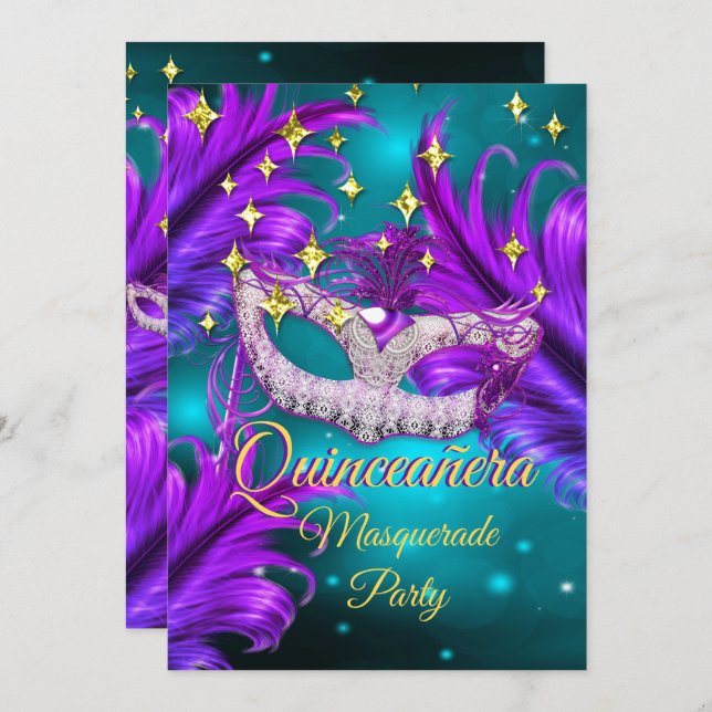 Invitación Quinceanera Masquerade máscara fiesta Verde azulad (Anverso / Reverso)