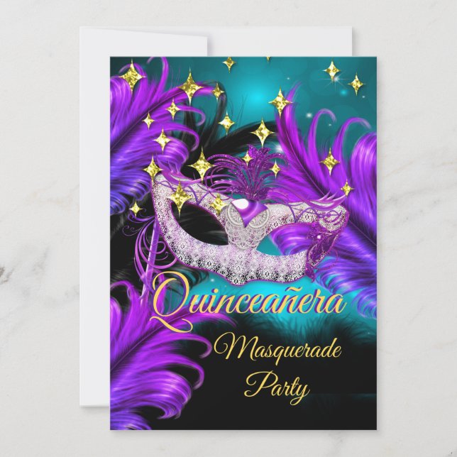 Invitación Quinceanera Masquerade máscara Verde azulada Púrpu (Anverso)
