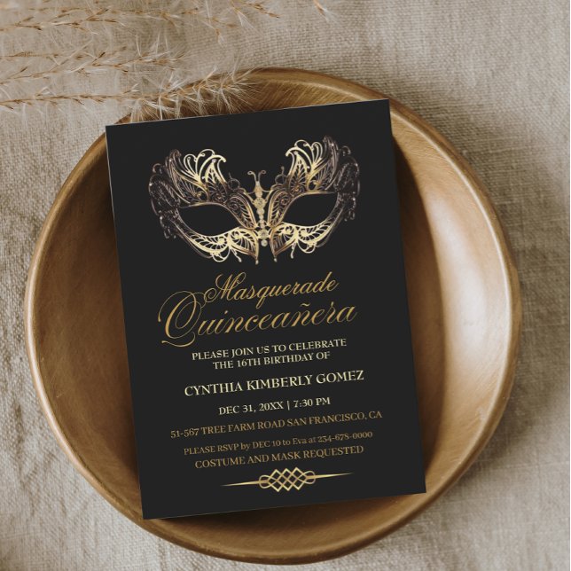Invitación Quinceañera Masquerade Oro Negro 16 cumpleaños (Subido por el creador)