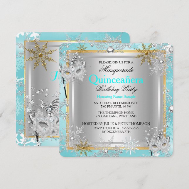 Invitación Quinceanera Masquerade oro Verde azulado copos de  (Anverso / Reverso)