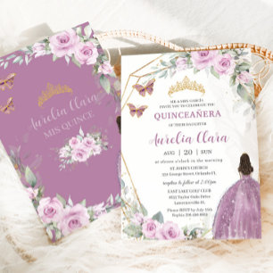Invitación Quinceañera Mauve Mariposa Floral Princesa Vestido