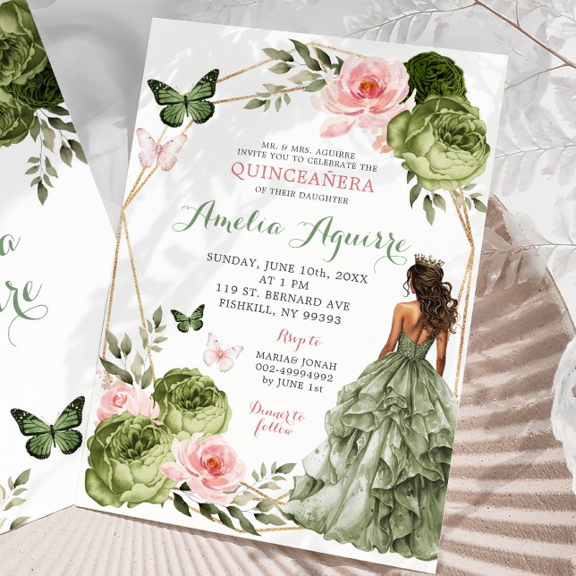 Invitación Quinceañera mexicana con floral verde rosada de Ru (Subido por el creador)