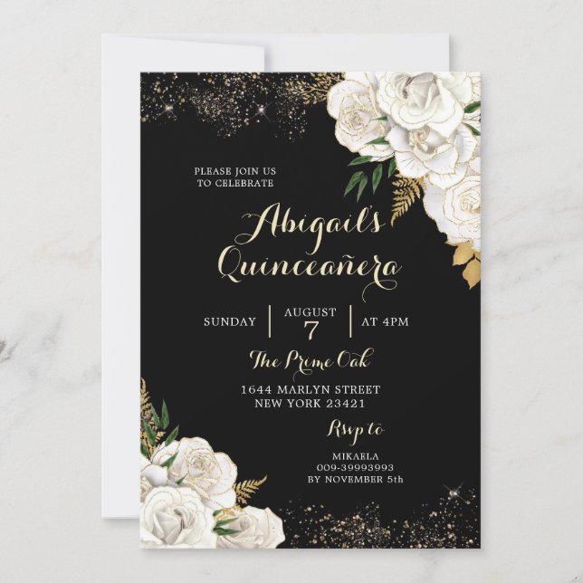 Invitación Quinceañera mexicana floral blanca y dorada (Anverso)