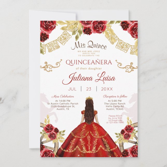 Invitación Quinceañera Mexicana Roja Caballos de Oro Quince (Anverso)