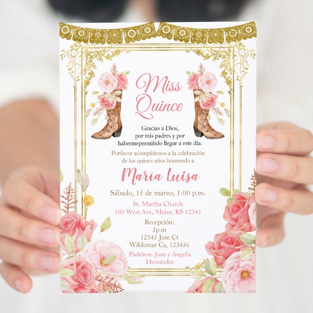 Invitación Quinceañera mexicana señorita quince rosa y dorado (Subido por el creador)