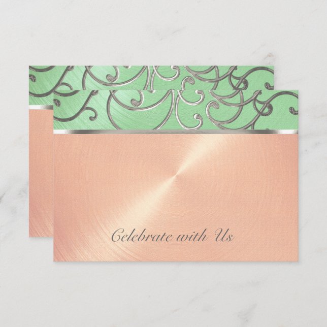Invitación Quinceanera Mint Green Peach Silver Swirree (Anverso / Reverso)