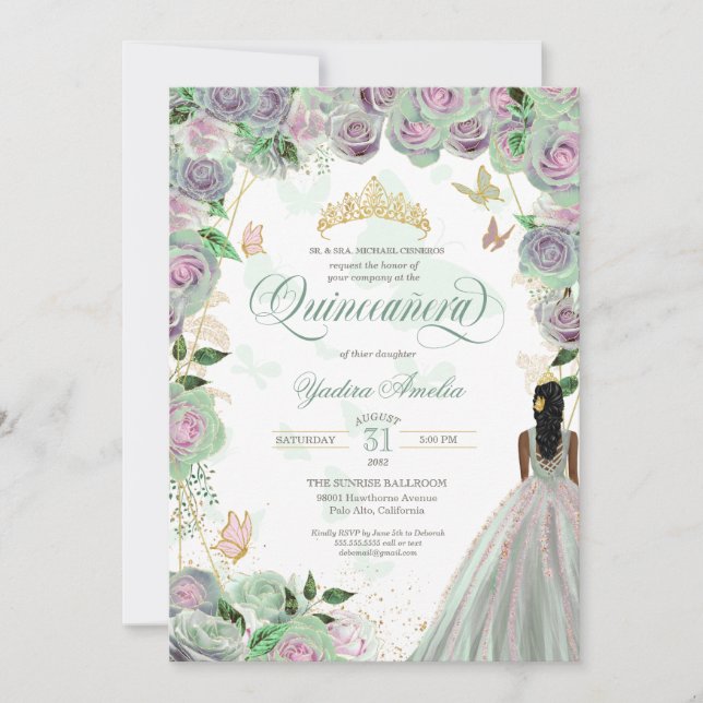 Invitación Quinceanera Mint Green Rosas Mariposas Elegantes I (Anverso)