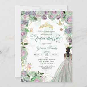 Invitación Quinceanera Mint Green Rosas Mariposas Elegantes I