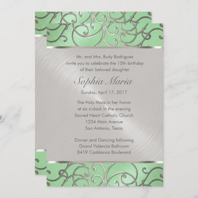 Invitación Quinceanera Mint Green y Silver Filigrree Swirls (Anverso / Reverso)