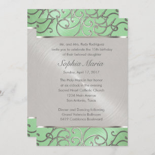 Invitación Quinceanera Mint Green y Silver Filigrree Swirls