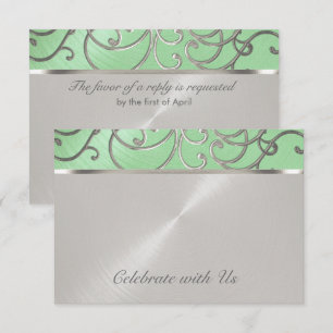 Invitación Quinceanera Mint Green y Silver Filigrree Swirls
