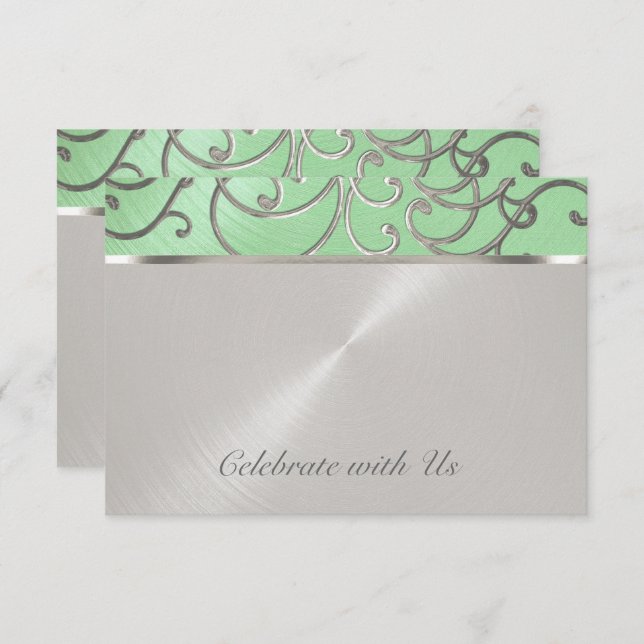 Invitación Quinceanera Mint Green y Silver Filigrree Swirls (Anverso / Reverso)