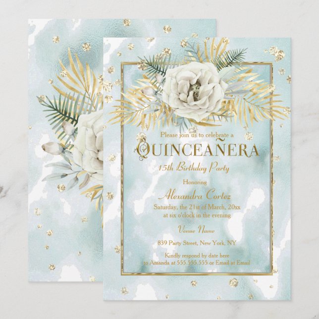 Invitación Quinceanera Mint Verde azulada Gold Rosa de mármol (Anverso / Reverso)