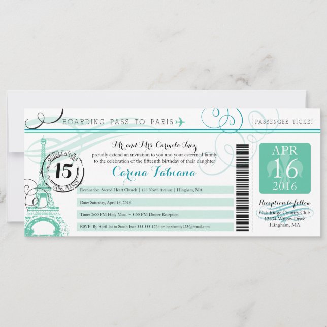 Invitación Quinceanera Mint Verde y Verde azulado | París (Anverso)