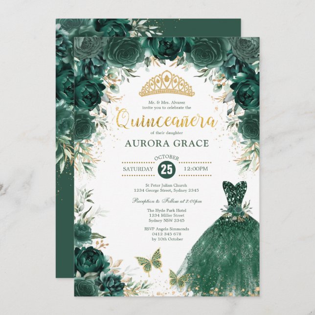 Invitación Quinceañera Mis Quince 15 Anos de oro verde esmera (Anverso / Reverso)