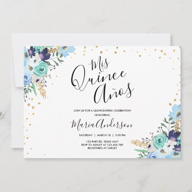 Invitación Quinceañera Mis Quince Años Blue Floral Cumpleaños (Anverso)
