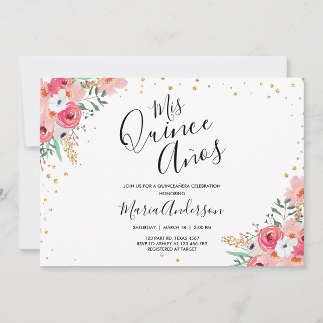 Invitación Quinceañera Mis Quince Años Pink Floral Cumpleaños (Anverso)