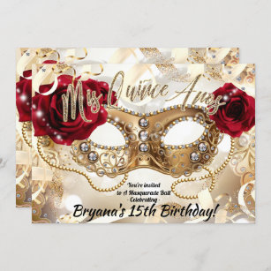 Invitación Quinceañera Mis Quiñce Cream Gold Masquerade Fiest