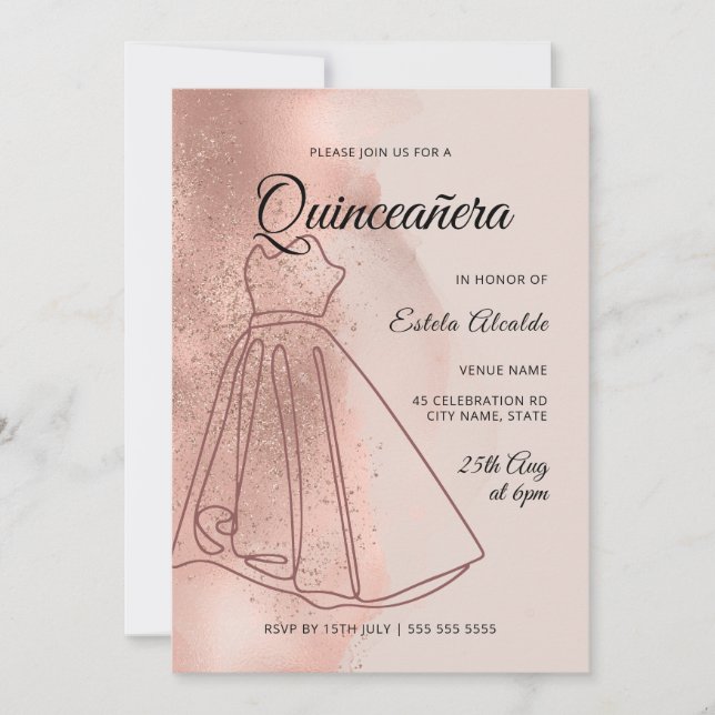 Invitación Quinceanera Mis Quince Dusty Rosa Gold Elegante (Anverso)