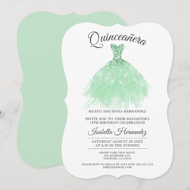 Invitación Quinceanera Mis Quince Mint Vestido Purpurina Verd (Anverso / Reverso)