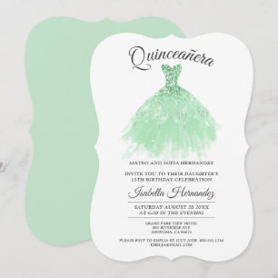 Invitación Quinceanera Mis Quince Mint Vestido Purpurina Verd