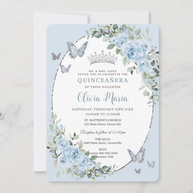 Invitación Quinceañera Moda Bebé Mariposas Florales Azules (Anverso)