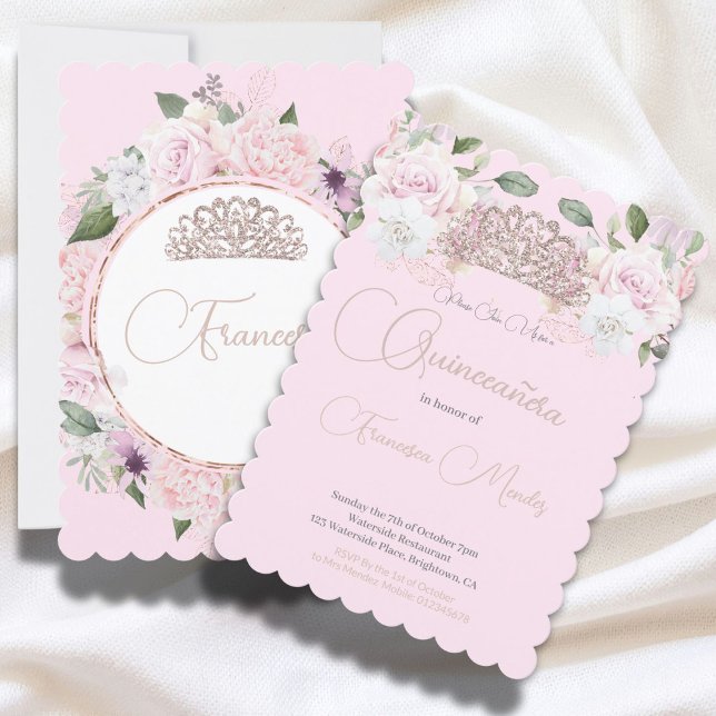 Invitación Quinceanera Moda floral rosa Tiara moderna (Subido por el creador)