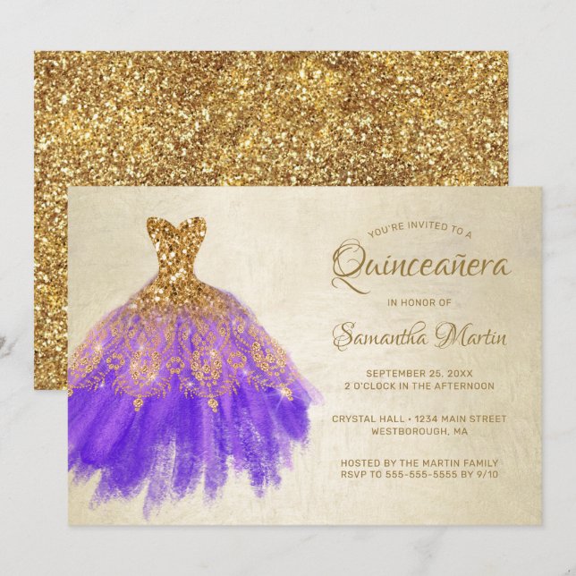 Invitación Quinceanera Moda Oro Vestido púrpura Dorado Glam F (Anverso / Reverso)
