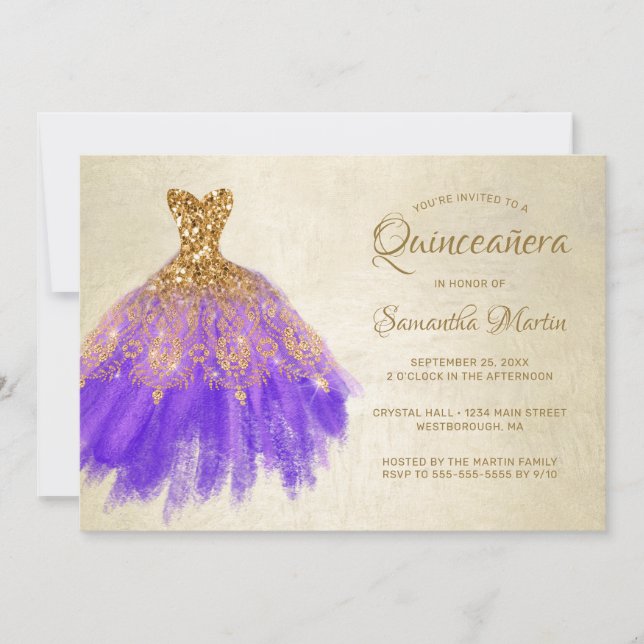 Invitación Quinceanera Moda Oro Vestido púrpura en Fiesta de  (Anverso)