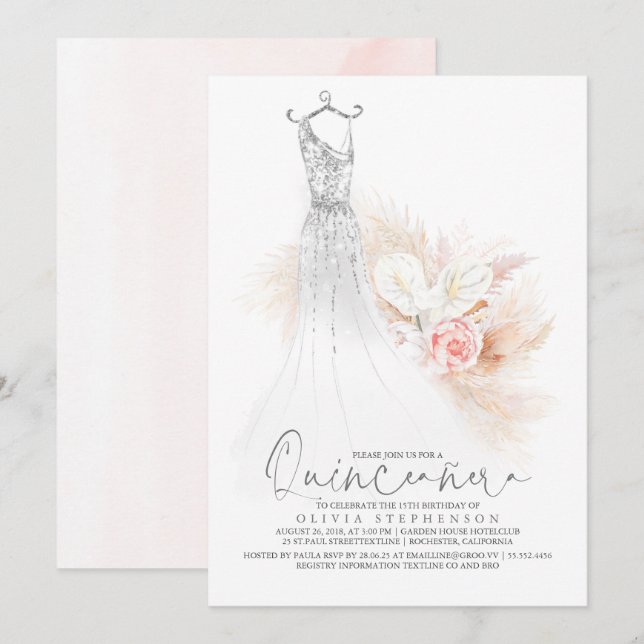 Invitación Quinceañera Moda Plata Pampas Grass 15º cumpleaños (Anverso / Reverso)