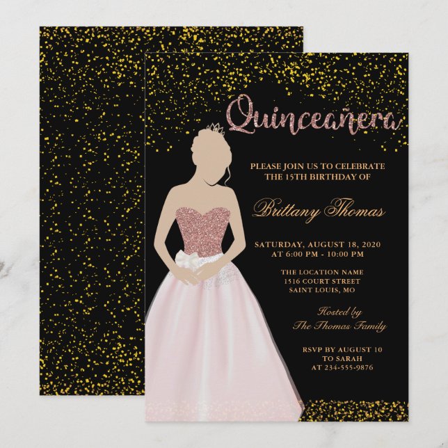 Invitación Quinceanera moderna de oro y negro 15 años (Anverso / Reverso)
