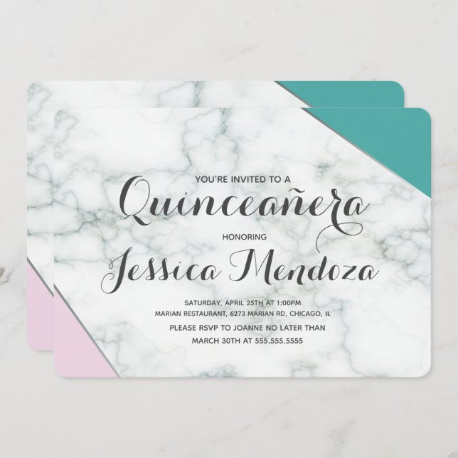 Invitación Quinceañera Moderno de Mármol Rosa Teal Dulces 15 (Anverso / Reverso)