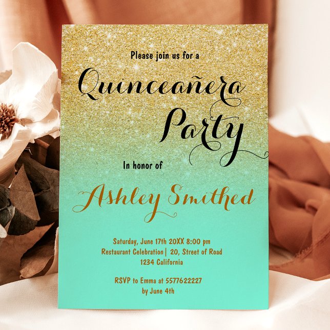 Invitación Quinceañera moderno y femenino con brillo dorado y (Modern girly gold glitter mint green Quinceañera Invitation)