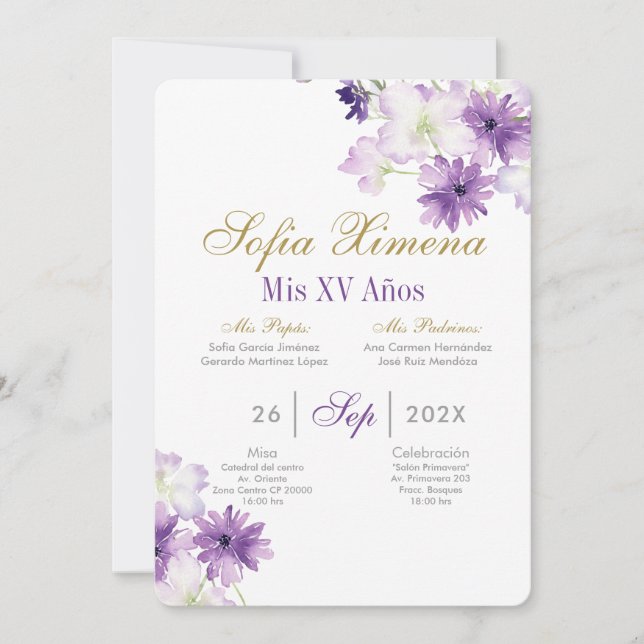 Invitación Quinceanera morada (Anverso)