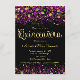 Invitación Quinceanera morada y dorada