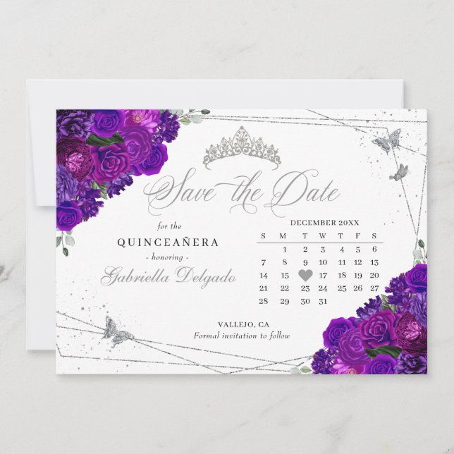 Invitación Quinceañera morada y plateada salva la fecha (Anverso)