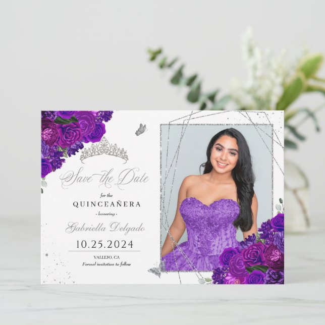 Invitación Quinceañera morada y plateada salva la foto de la  (Anverso de pie)