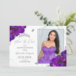 Invitación Quinceañera morada y plateada salva la foto de la 
